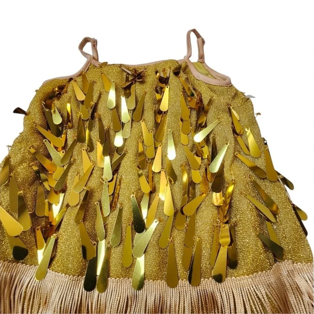 LOLANTA Girls Sequin Fringe Dress Gold Tassel Latin Dance 2Pcs Size 7-8